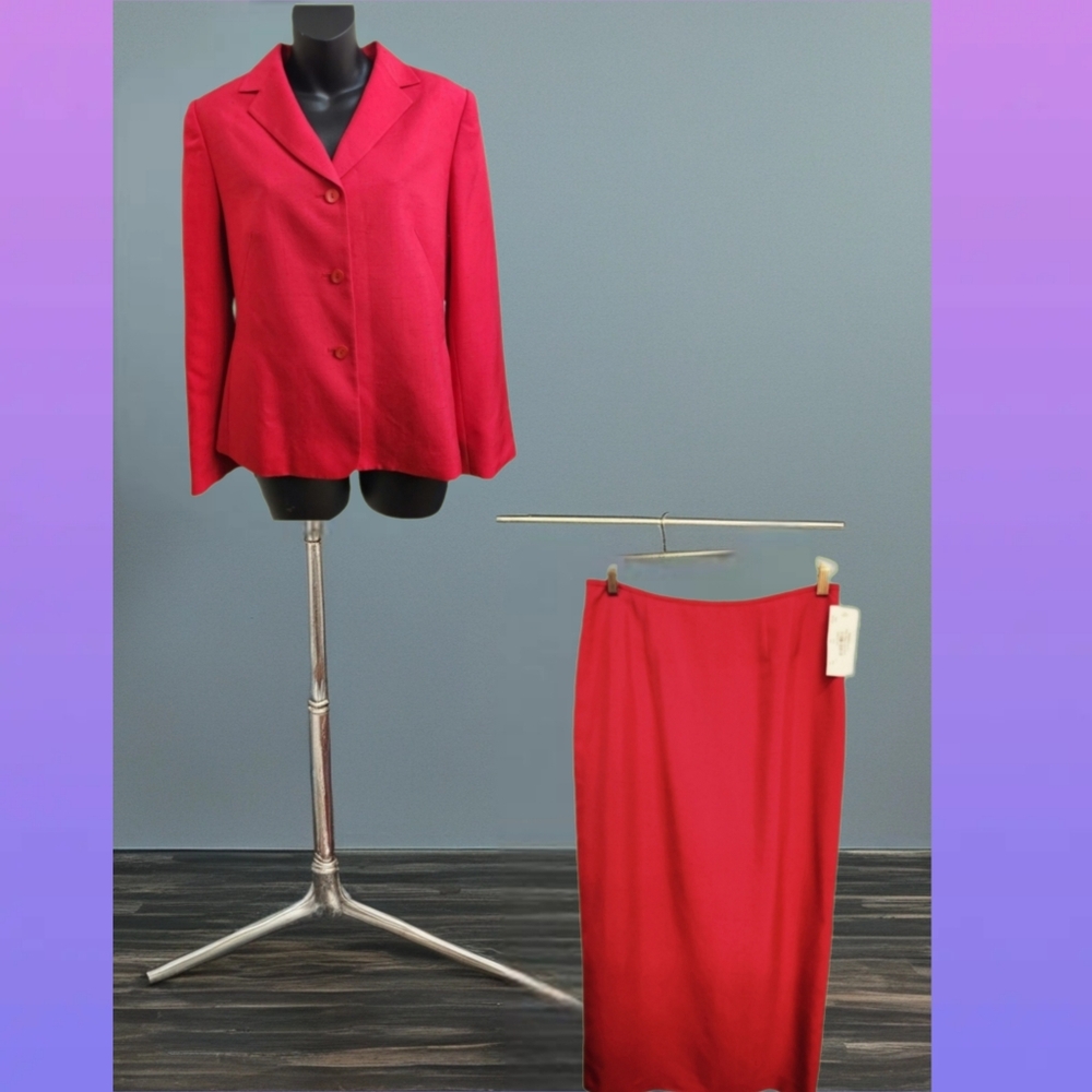 KASPER A.S.L. RED 100% SILK SKIRT SUIT SIZE 10 BRAND NEW WITH TAGS - Picture 2 of 11